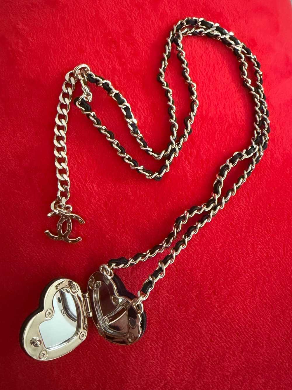 Rare Leather Heart Locket CC 18k Silver Chain Necklace